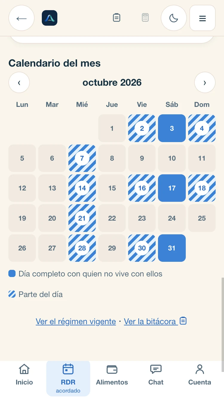 «Calendario del mes», octubre de 2026, con los miércoles por la tarde y un fin de semana por medio marcados en azul.