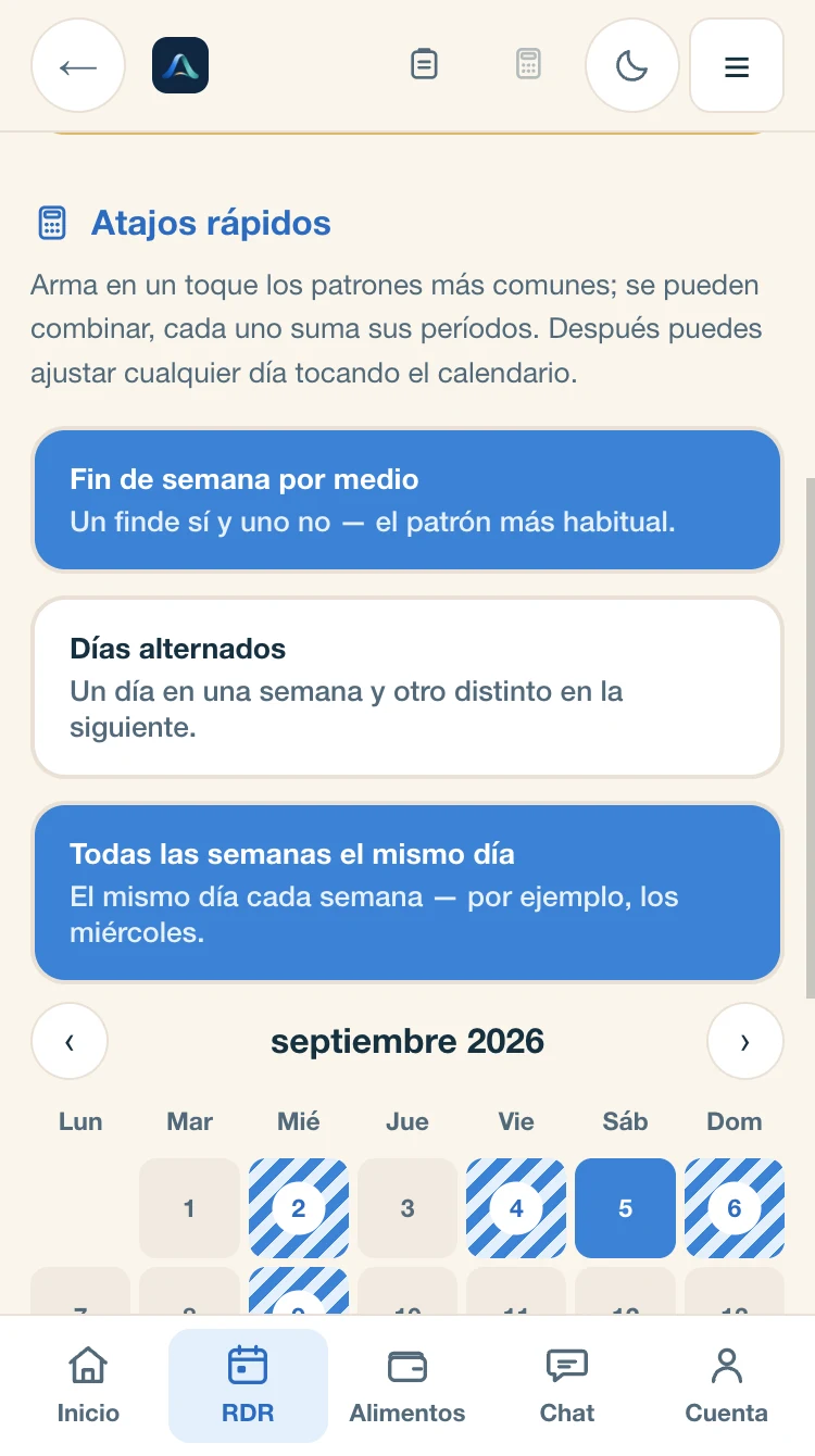 La app al armar la propuesta: los atajos «Fin de semana por medio» y «Todas las semanas el mismo día» elegidos, y el calendario de septiembre con los días marcados.