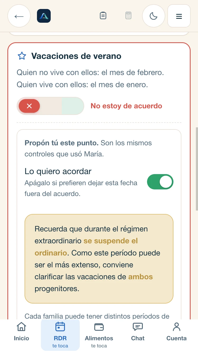 La revisión punto por punto: las vacaciones de verano marcadas en rojo, «No estoy de acuerdo», y debajo el control para proponer otra cosa ahí mismo.