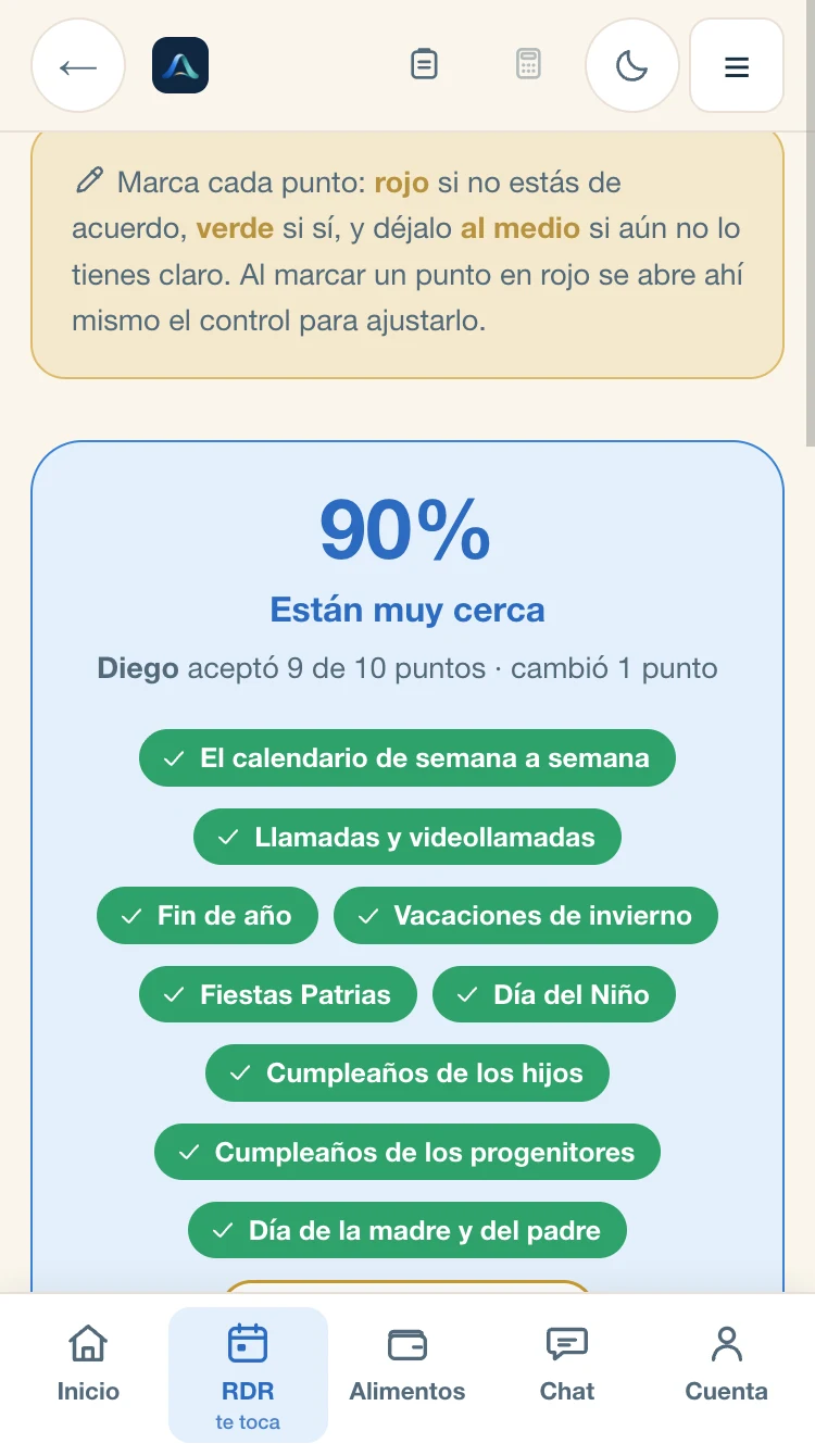 La contrapropuesta: «90 %, están muy cerca. Diego aceptó 9 de 10 puntos y cambió 1», con los puntos aceptados en verde.