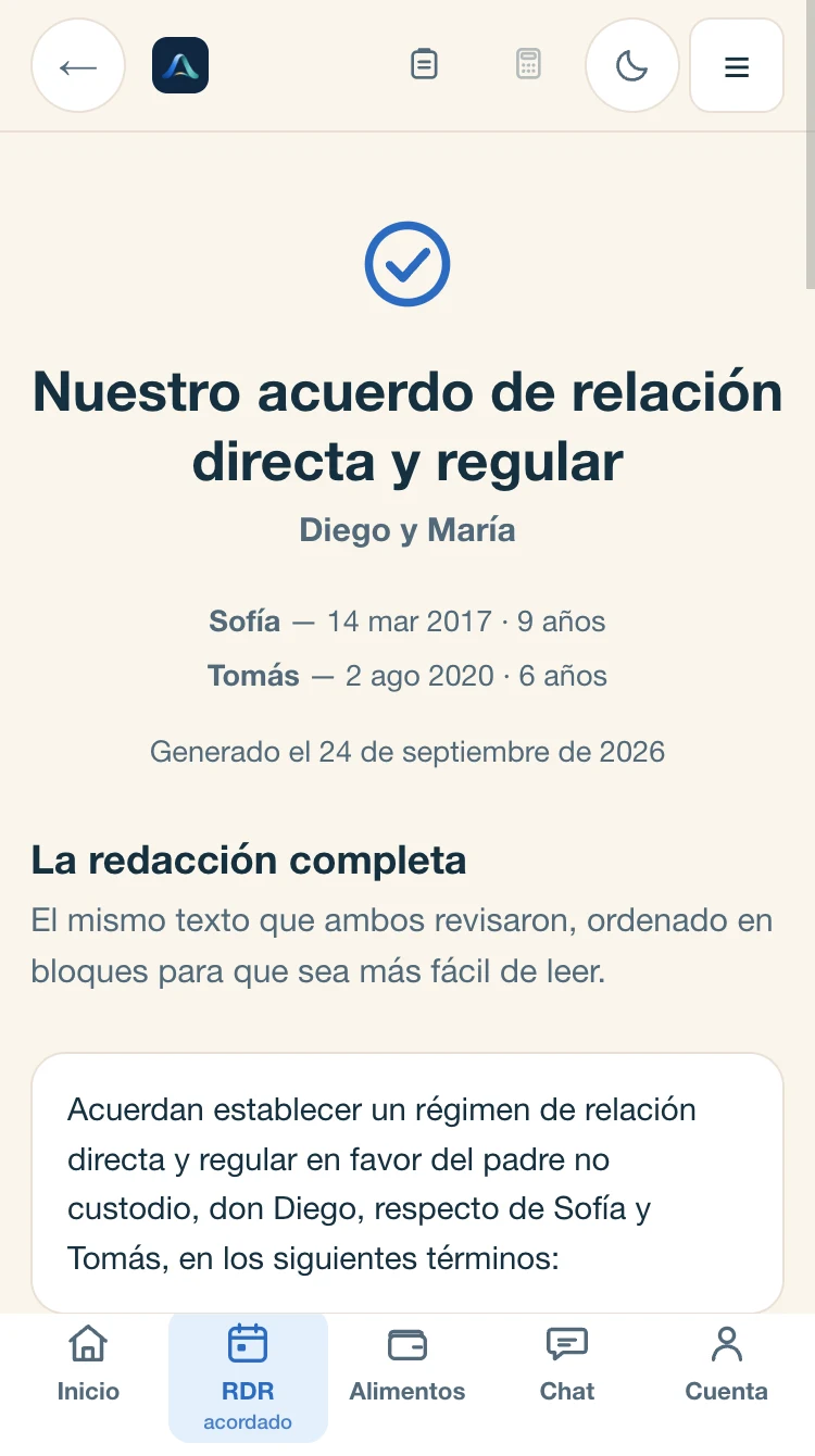 El acuerdo cerrado: «Nuestro acuerdo de relación directa y regular», Diego y María, con Sofía y Tomás, y la redacción completa.