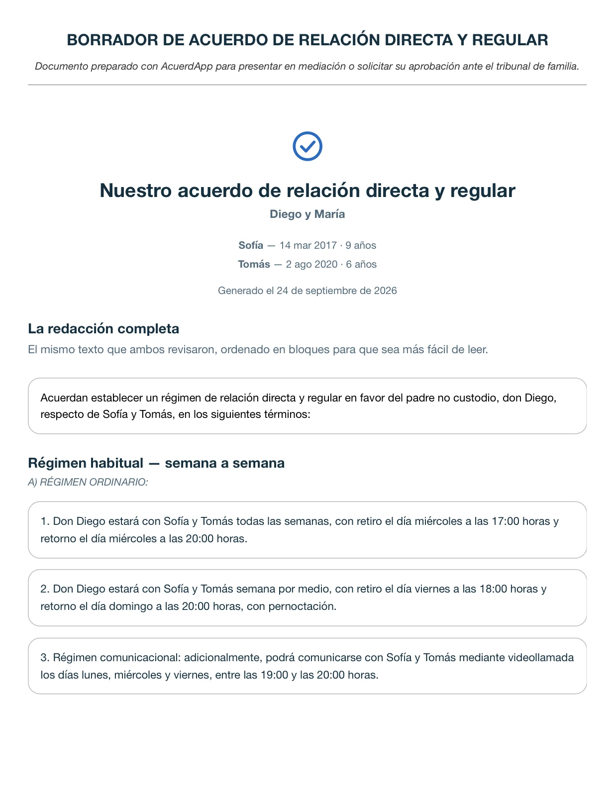 Primera página del PDF: «Borrador de acuerdo de relación directa y regular», preparado para presentar en mediación o ante el tribunal de familia.
